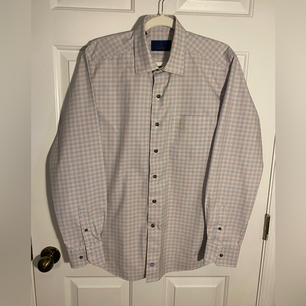 David Donahue Light Blue, Rust, and Soft Yellow Checked Dress Shirt